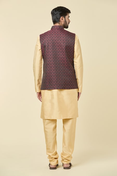 Shop Arihant Rai Sinha Maroon Jacquard, Silk Woven Bundi Kurta Set at Aza Fashions Shop_Arihant Rai Sinha_Maroon Jacquard, Silk Woven Bundi Kurta Set _at_Aza_Fashions