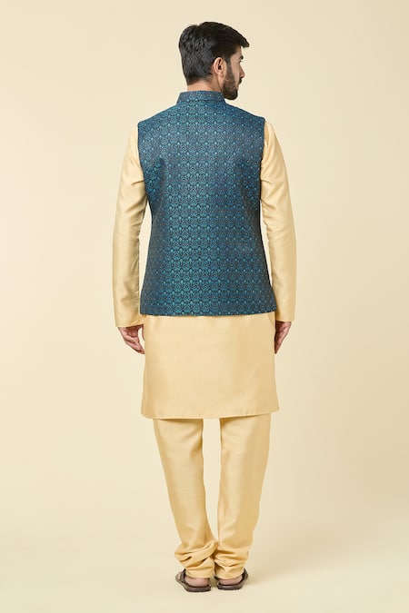 Shop Arihant Rai Sinha Blue Brocade, Silk Jacquard Woven Bundi Kurta Set at Aza Fashions Shop_Arihant Rai Sinha_Blue Brocade, Silk Jacquard Woven Bundi Kurta Set _at_Aza_Fashions