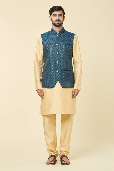 Shop Arihant Rai Sinha Blue Brocade, Silk Jacquard Woven Bundi Kurta Set Online at Aza Fashions Shop_Arihant Rai Sinha_Blue Brocade, Silk Jacquard Woven Bundi Kurta Set _Online_at_Aza_Fashions