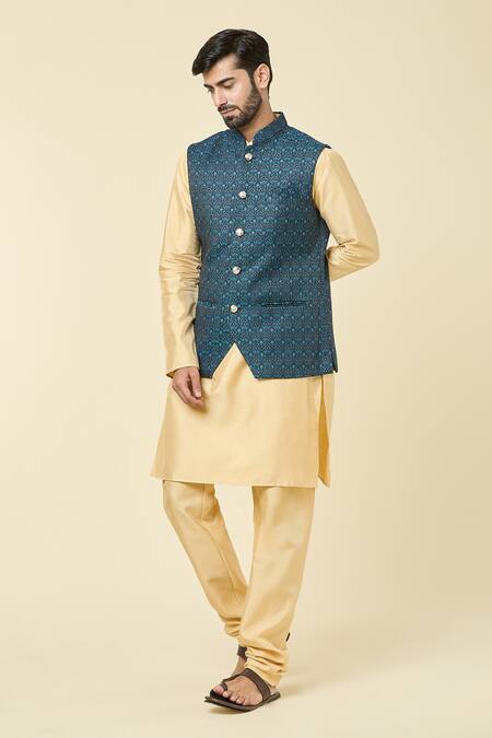 Arihant Rai Sinha Blue Brocade, Silk Jacquard Woven Bundi Kurta Set at Aza Fashions Arihant Rai Sinha_Blue Brocade, Silk Jacquard Woven Bundi Kurta Set _at_Aza_Fashions