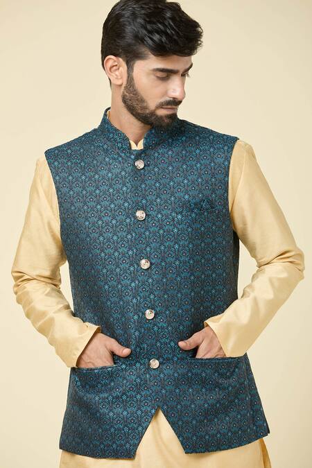 Buy Arihant Rai Sinha Blue Brocade, Silk Jacquard Woven Bundi Kurta Set Buy_Arihant Rai Sinha_Blue Brocade, Silk Jacquard Woven Bundi Kurta Set