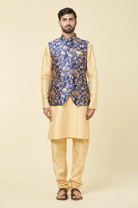 Shop_Arihant Rai Sinha_Blue Jacquard, Silk Embroidery Floral Woven Bundi Kurta Set _Online_at_Aza_Fashions
