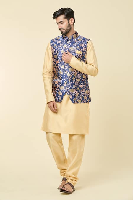 Arihant Rai Sinha_Blue Jacquard, Silk Embroidery Floral Woven Bundi Kurta Set _at_Aza_Fashions