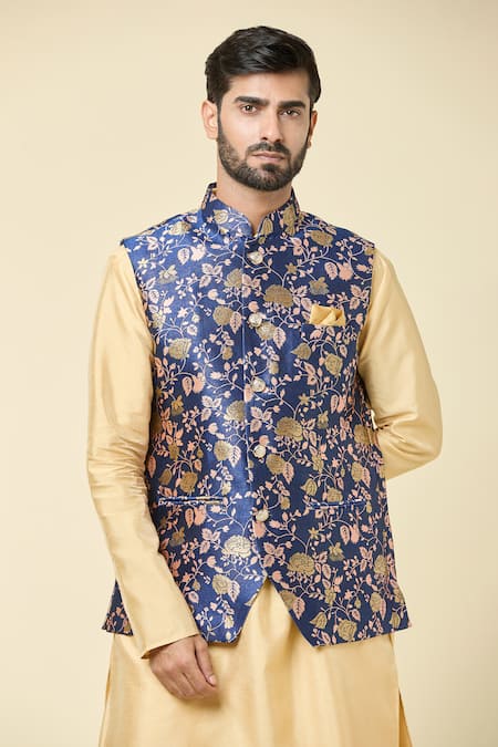 Buy_Arihant Rai Sinha_Blue Jacquard, Silk Embroidery Floral Woven Bundi Kurta Set 