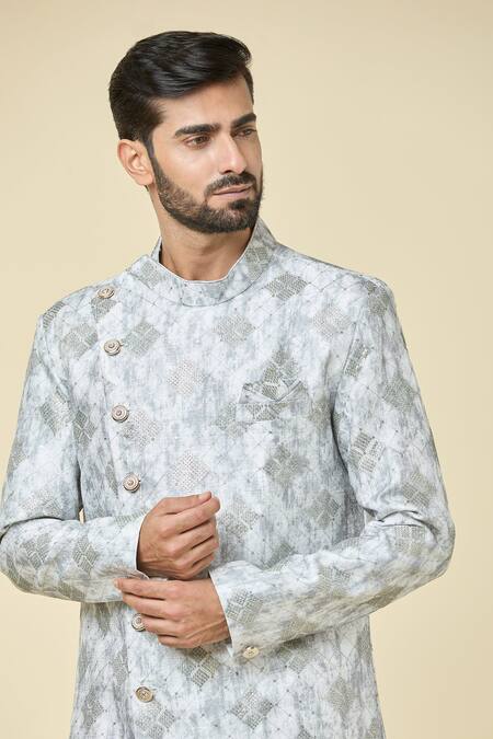 Arihant Rai Sinha Grey Silk, Pashmina Sequins, Embroidery Kurta And Peshawari Pant Set at Aza Fashions Arihant Rai Sinha_Grey Silk, Pashmina Sequins, Embroidery Kurta And Peshawari Pant Set _at_Aza_Fashions