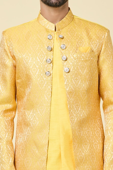 Buy_Arihant Rai Sinha_Yellow Silk, Jacquard Floral Geometric Panel Kurta With Peshawari Pant _Online_at_Aza_Fashions