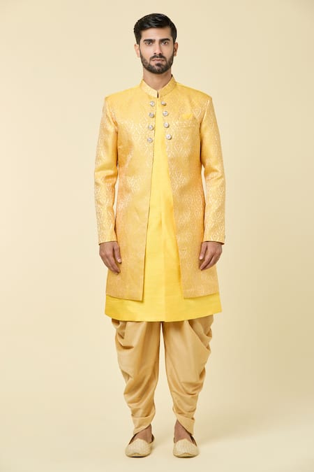 Shop_Arihant Rai Sinha_Yellow Silk, Jacquard Floral Geometric Panel Kurta With Peshawari Pant _Online_at_Aza_Fashions