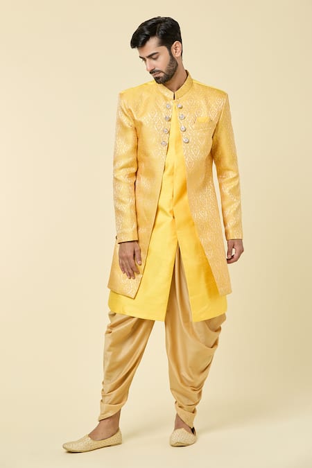 Arihant Rai Sinha_Yellow Silk, Jacquard Floral Geometric Panel Kurta With Peshawari Pant _at_Aza_Fashions