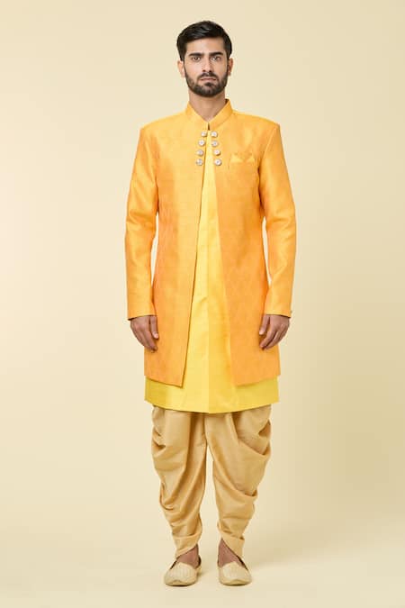 Shop Arihant Rai Sinha Yellow Silk, Jacquard Embroidery Geometric Panel Kurta With Peshawari Pant at Aza Fashions Shop_Arihant Rai Sinha_Yellow Silk, Jacquard Embroidery Geometric Panel Kurta With Peshawari Pant _at_Aza_Fashions