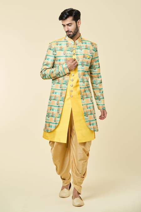 Arihant Rai Sinha Abstract Print Panel Kurta With Peshawari Pant 