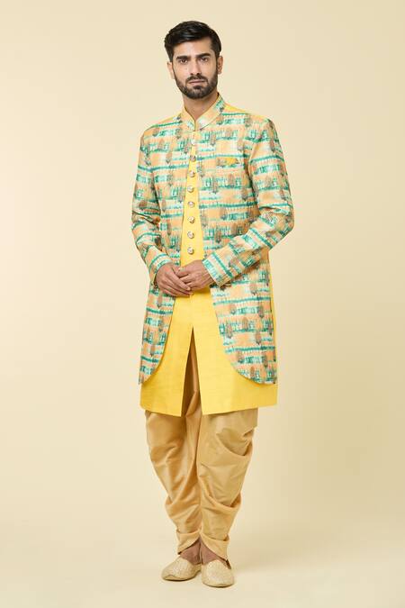 Arihant Rai Sinha Yellow Silk Sequins, Embroidery Abstract Print Panel Kurta With Peshawari Pant Online at Aza Fashions Arihant Rai Sinha_Yellow Silk Sequins, Embroidery Abstract Print Panel Kurta With Peshawari Pant _Online_at_Aza_Fashions