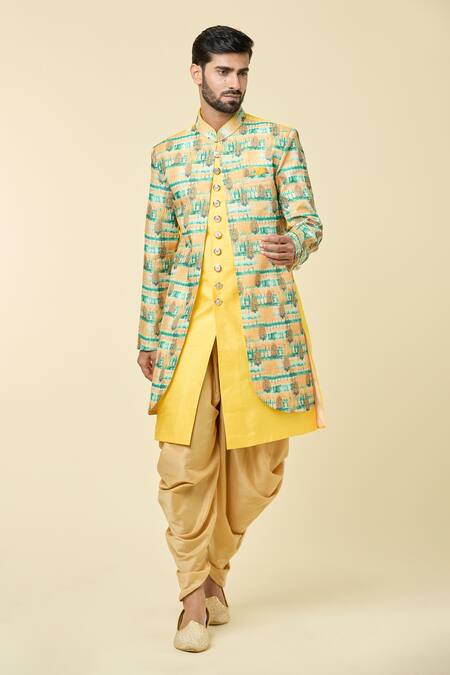 Buy Arihant Rai Sinha Yellow Silk Sequins, Embroidery Abstract Print Panel Kurta With Peshawari Pant Online at Aza Fashions Buy_Arihant Rai Sinha_Yellow Silk Sequins, Embroidery Abstract Print Panel Kurta With Peshawari Pant _Online_at_Aza_Fashions