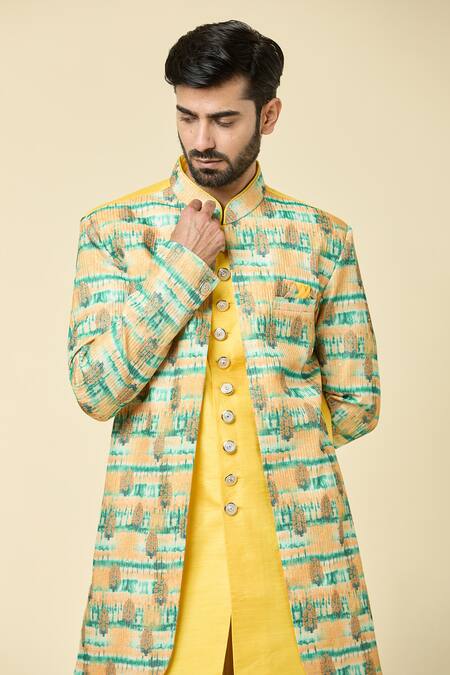Shop Arihant Rai Sinha Yellow Silk Sequins, Embroidery Abstract Print Panel Kurta With Peshawari Pant Online at Aza Fashions Shop_Arihant Rai Sinha_Yellow Silk Sequins, Embroidery Abstract Print Panel Kurta With Peshawari Pant _Online_at_Aza_Fashions