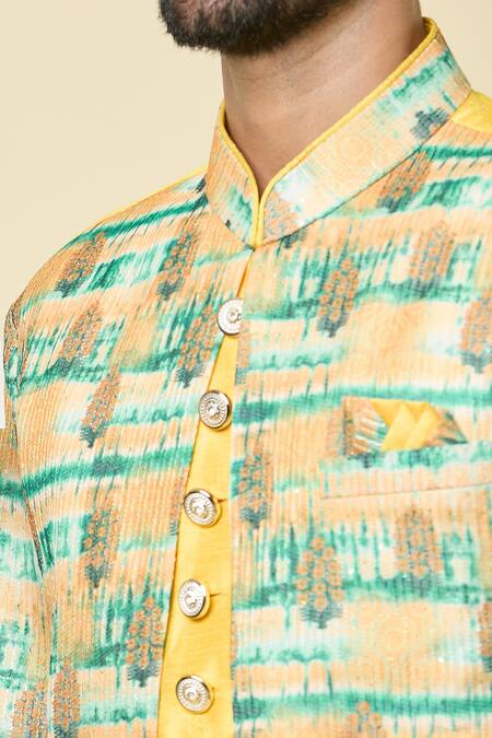 Arihant Rai Sinha Yellow Silk Sequins, Embroidery Abstract Print Panel Kurta With Peshawari Pant at Aza Fashions Arihant Rai Sinha_Yellow Silk Sequins, Embroidery Abstract Print Panel Kurta With Peshawari Pant _at_Aza_Fashions