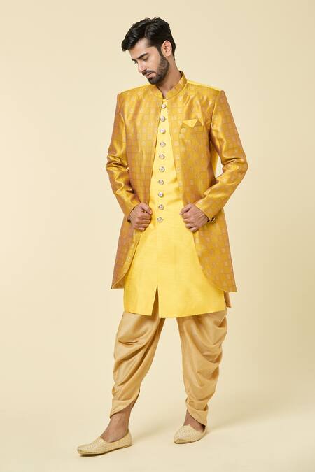 Arihant Rai Sinha Yellow Silk, Jacquard Embroidery Woven Checkered Panel Kurta With Peshawari Pant Online at Aza Fashions Arihant Rai Sinha_Yellow Silk, Jacquard Embroidery Woven Checkered Panel Kurta With Peshawari Pant _Online_at_Aza_Fashions