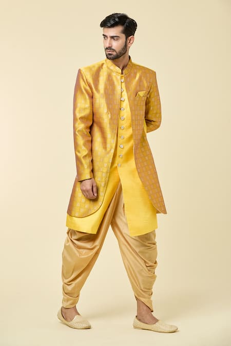 Buy Arihant Rai Sinha Yellow Silk, Jacquard Embroidery Woven Checkered Panel Kurta With Peshawari Pant Online at Aza Fashions Buy_Arihant Rai Sinha_Yellow Silk, Jacquard Embroidery Woven Checkered Panel Kurta With Peshawari Pant _Online_at_Aza_Fashions