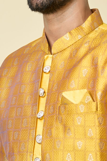 Shop Arihant Rai Sinha Yellow Silk, Jacquard Embroidery Woven Checkered Panel Kurta With Peshawari Pant Online at Aza Fashions Shop_Arihant Rai Sinha_Yellow Silk, Jacquard Embroidery Woven Checkered Panel Kurta With Peshawari Pant _Online_at_Aza_Fashions