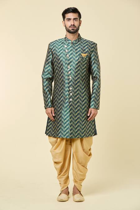 Arihant Rai Sinha_Green Jacquard, Silk Embroidery Woven Floral Butti Sherwani With Peshawari Pant _Online_at_Aza_Fashions