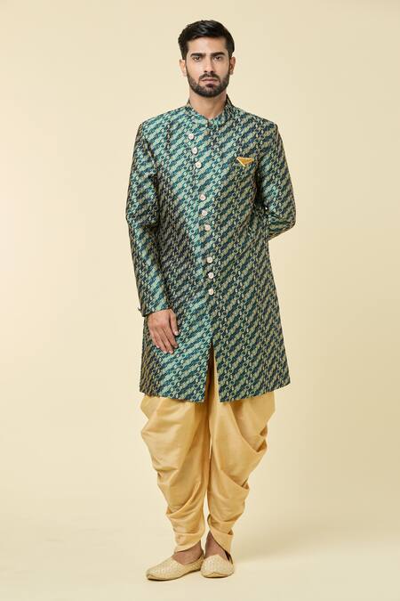 Buy_Arihant Rai Sinha_Green Jacquard, Silk Embroidery Woven Floral Butti Sherwani With Peshawari Pant _Online_at_Aza_Fashions