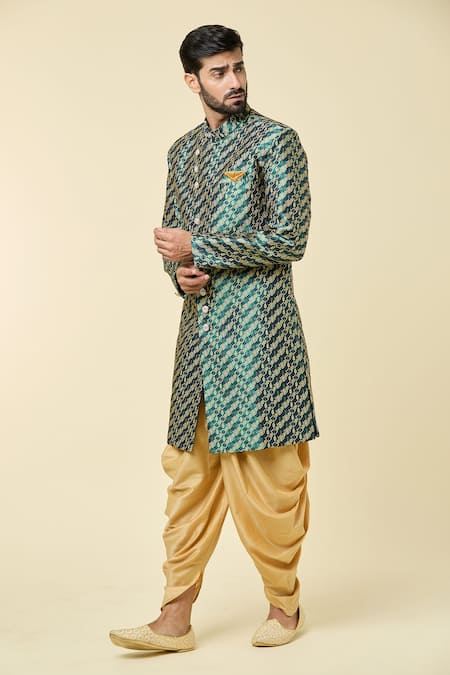 Shop_Arihant Rai Sinha_Green Jacquard, Silk Embroidery Woven Floral Butti Sherwani With Peshawari Pant _Online_at_Aza_Fashions