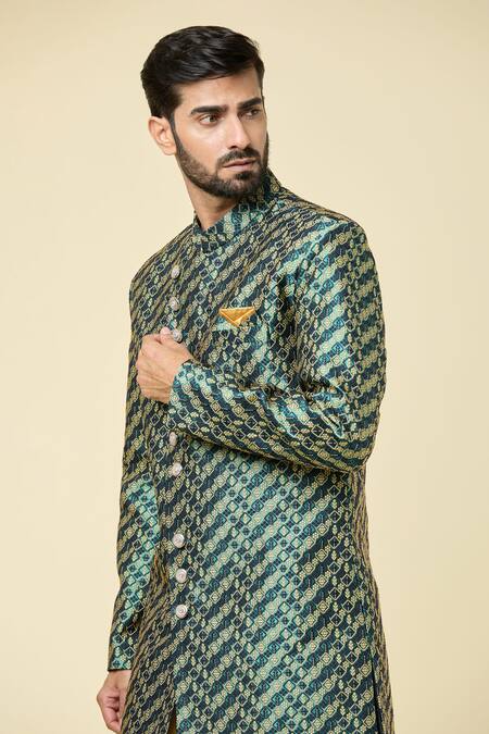 Arihant Rai Sinha_Green Jacquard, Silk Embroidery Woven Floral Butti Sherwani With Peshawari Pant _at_Aza_Fashions