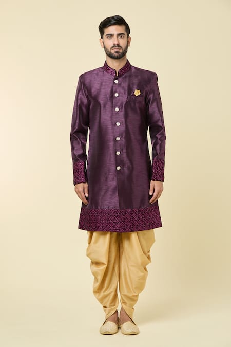 Arihant Rai Sinha_Wine Jacquard, Silk Sequins, Embroidery Border Sherwani With Peshawari Pant _Online_at_Aza_Fashions