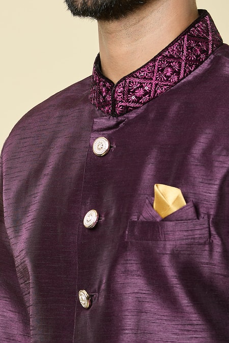 Buy_Arihant Rai Sinha_Wine Jacquard, Silk Sequins, Embroidery Border Sherwani With Peshawari Pant _Online_at_Aza_Fashions
