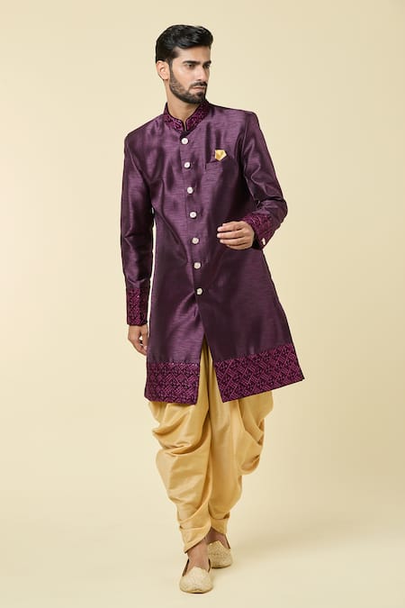 Shop_Arihant Rai Sinha_Wine Jacquard, Silk Sequins, Embroidery Border Sherwani With Peshawari Pant _Online_at_Aza_Fashions