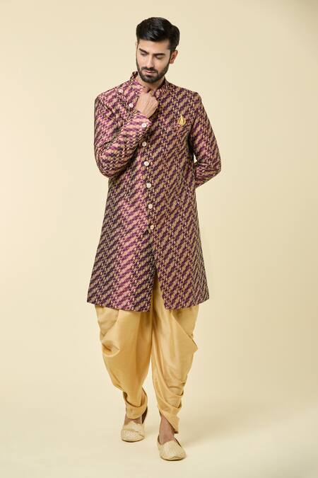 Arihant Rai Sinha Red Jacquard, Silk Woven Checkered Sherwani With Peshawari Pant Online at Aza Fashions Arihant Rai Sinha_Red Jacquard, Silk Woven Checkered Sherwani With Peshawari Pant _Online_at_Aza_Fashions