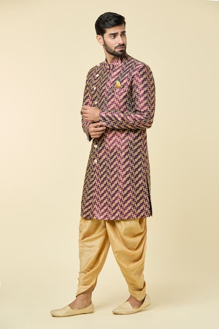 Buy Arihant Rai Sinha Red Jacquard, Silk Woven Checkered Sherwani With Peshawari Pant Online at Aza Fashions Buy_Arihant Rai Sinha_Red Jacquard, Silk Woven Checkered Sherwani With Peshawari Pant _Online_at_Aza_Fashions