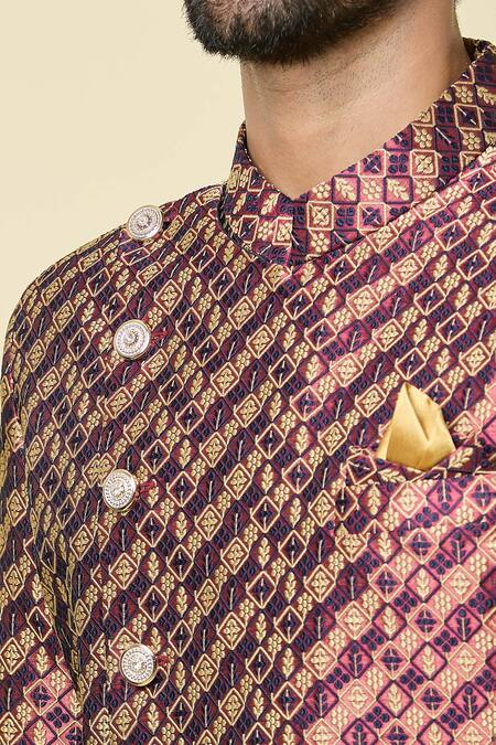 Shop Arihant Rai Sinha Red Jacquard, Silk Woven Checkered Sherwani With Peshawari Pant Online at Aza Fashions Shop_Arihant Rai Sinha_Red Jacquard, Silk Woven Checkered Sherwani With Peshawari Pant _Online_at_Aza_Fashions