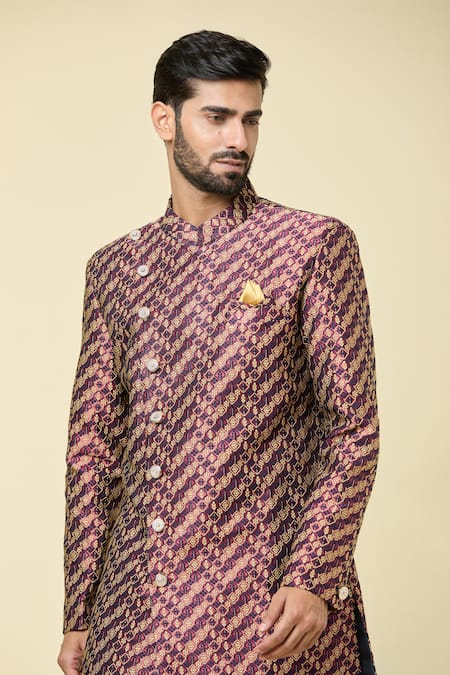 Arihant Rai Sinha Red Jacquard, Silk Woven Checkered Sherwani With Peshawari Pant at Aza Fashions Arihant Rai Sinha_Red Jacquard, Silk Woven Checkered Sherwani With Peshawari Pant _at_Aza_Fashions