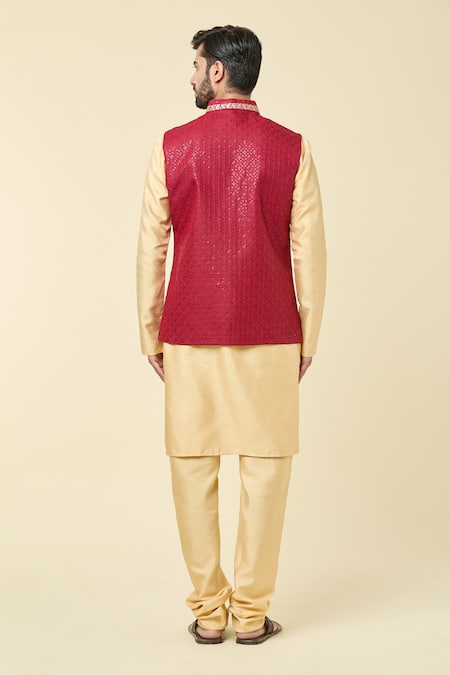 Shop Arihant Rai Sinha Red Silk Sequins, Embroidery Bundi at Aza Fashions Shop_Arihant Rai Sinha_Red Silk Sequins, Embroidery Bundi _at_Aza_Fashions