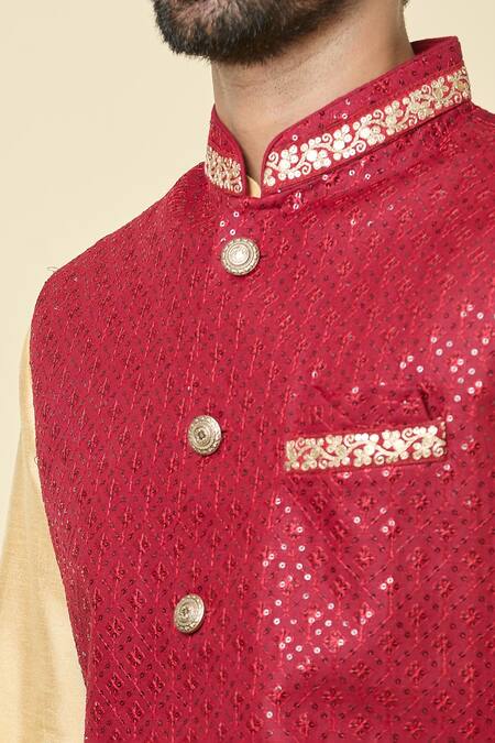 Arihant Rai Sinha Red Silk Sequins, Embroidery Bundi at Aza Fashions Arihant Rai Sinha_Red Silk Sequins, Embroidery Bundi _at_Aza_Fashions