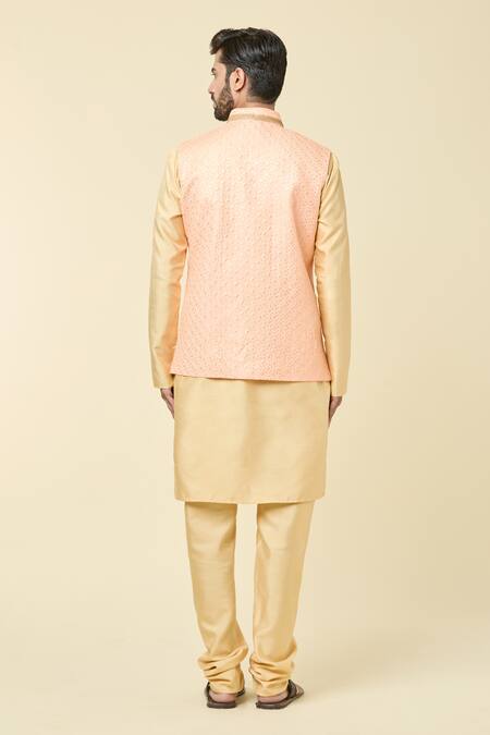 Shop Arihant Rai Sinha Peach Silk Sequins, Embroidery Checkered Bundi at Aza Fashions Shop_Arihant Rai Sinha_Peach Silk Sequins, Embroidery Checkered Bundi_at_Aza_Fashions