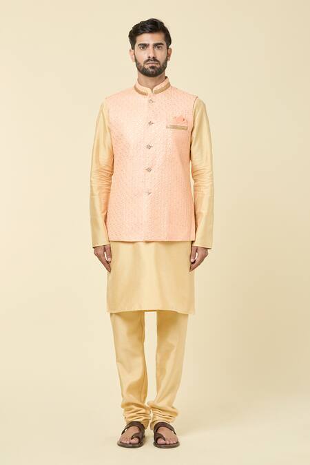 Arihant Rai Sinha Peach Silk Sequins, Embroidery Checkered Bundi Online at Aza Fashions Arihant Rai Sinha_Peach Silk Sequins, Embroidery Checkered Bundi_Online_at_Aza_Fashions