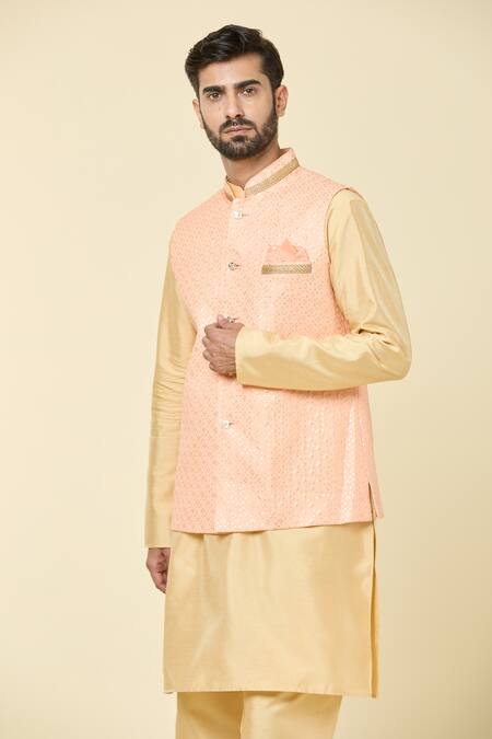 Buy Arihant Rai Sinha Peach Silk Sequins, Embroidery Checkered Bundi Online at Aza Fashions Buy_Arihant Rai Sinha_Peach Silk Sequins, Embroidery Checkered Bundi_Online_at_Aza_Fashions