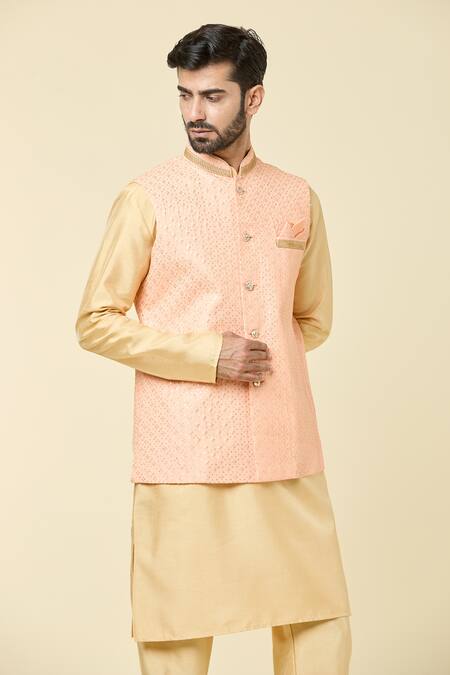 Shop Arihant Rai Sinha Peach Silk Sequins, Embroidery Checkered Bundi Online at Aza Fashions Shop_Arihant Rai Sinha_Peach Silk Sequins, Embroidery Checkered Bundi_Online_at_Aza_Fashions