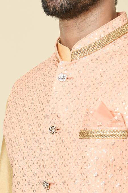 Arihant Rai Sinha Peach Silk Sequins, Embroidery Checkered Bundi at Aza Fashions Arihant Rai Sinha_Peach Silk Sequins, Embroidery Checkered Bundi_at_Aza_Fashions