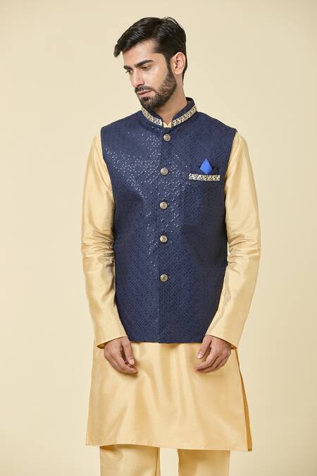 Buy Arihant Rai Sinha Blue Silk Sequins, Embroidery Checkered Bundi Online at Aza Fashions Buy_Arihant Rai Sinha_Blue Silk Sequins, Embroidery Checkered Bundi _Online_at_Aza_Fashions