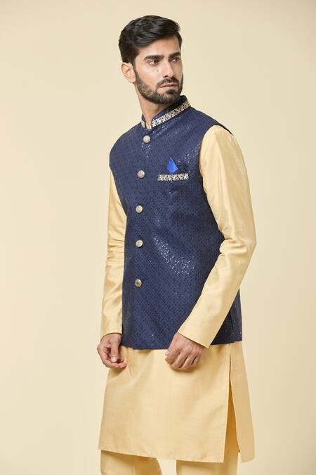 Shop Arihant Rai Sinha Blue Silk Sequins, Embroidery Checkered Bundi Online at Aza Fashions Shop_Arihant Rai Sinha_Blue Silk Sequins, Embroidery Checkered Bundi _Online_at_Aza_Fashions