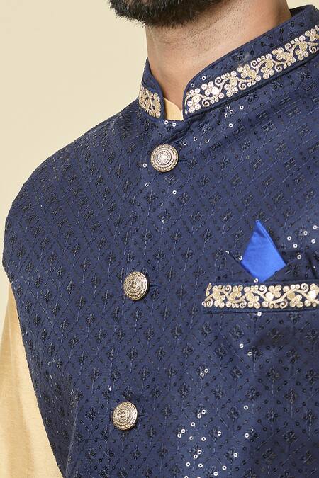Arihant Rai Sinha Blue Silk Sequins, Embroidery Checkered Bundi at Aza Fashions Arihant Rai Sinha_Blue Silk Sequins, Embroidery Checkered Bundi _at_Aza_Fashions