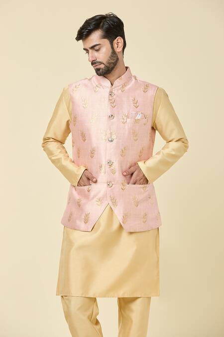 Buy_Arihant Rai Sinha_Pink Jacquard Embroidery Foliage Woven Bundi _Online_at_Aza_Fashions
