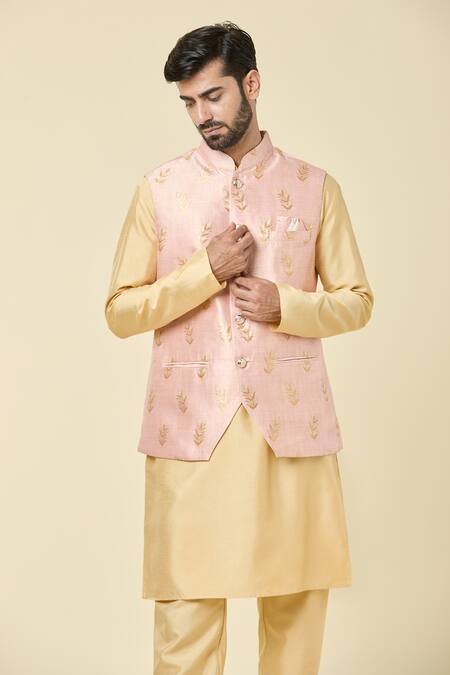 Shop_Arihant Rai Sinha_Pink Jacquard Embroidery Foliage Woven Bundi _Online_at_Aza_Fashions