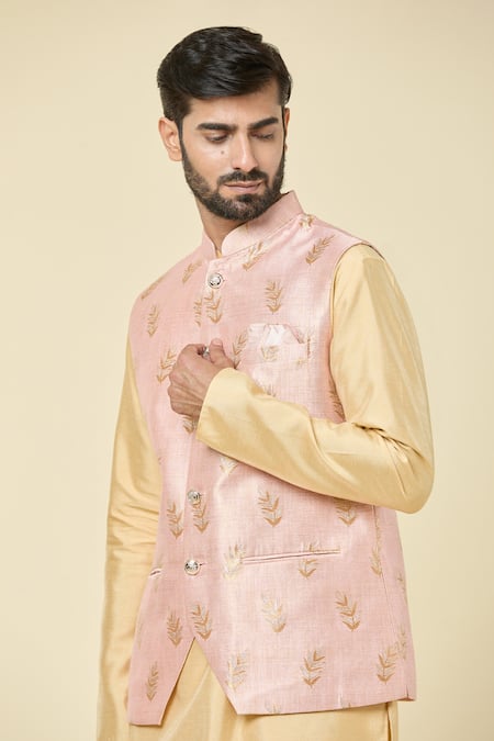 Arihant Rai Sinha_Pink Jacquard Embroidery Foliage Woven Bundi _at_Aza_Fashions