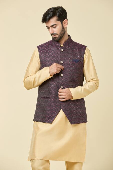 Arihant Rai Sinha Wine Jacquard Sequins, Embroidery Floral Woven Bundi at Aza Fashions Arihant Rai Sinha_Wine Jacquard Sequins, Embroidery Floral Woven Bundi _at_Aza_Fashions