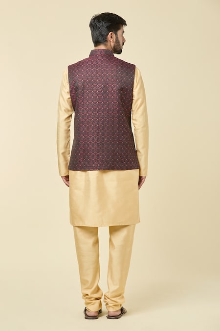 Shop Arihant Rai Sinha Maroon Jacquard Sequins, Embroidery Woven Floral Vine Bundi at Aza Fashions Shop_Arihant Rai Sinha_Maroon Jacquard Sequins, Embroidery Woven Floral Vine Bundi _at_Aza_Fashions