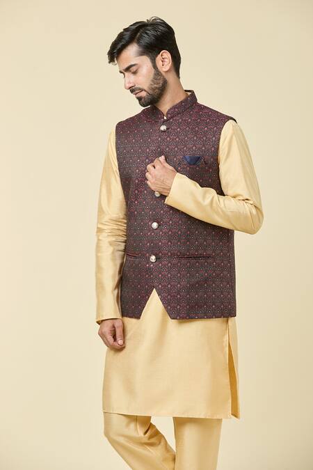 Shop Arihant Rai Sinha Maroon Jacquard Sequins, Embroidery Woven Floral Vine Bundi Online at Aza Fashions Shop_Arihant Rai Sinha_Maroon Jacquard Sequins, Embroidery Woven Floral Vine Bundi _Online_at_Aza_Fashions