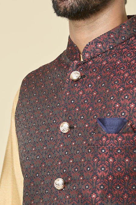 Arihant Rai Sinha Maroon Jacquard Sequins, Embroidery Woven Floral Vine Bundi at Aza Fashions Arihant Rai Sinha_Maroon Jacquard Sequins, Embroidery Woven Floral Vine Bundi _at_Aza_Fashions