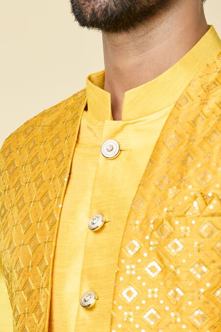 Shop_Arihant Rai Sinha_Yellow Silk Sequins, Embroidery Checkered Jacket _Online_at_Aza_Fashions